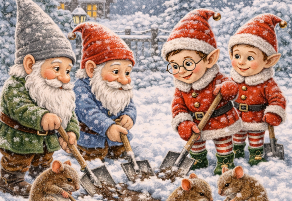 Havenisser og julenisser laver havearbejde