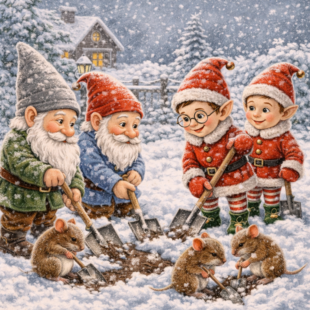 Havenisser og julenisser laver havearbejde