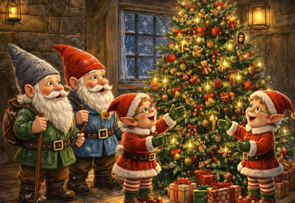 Havenisser og julenisser ved juletræ